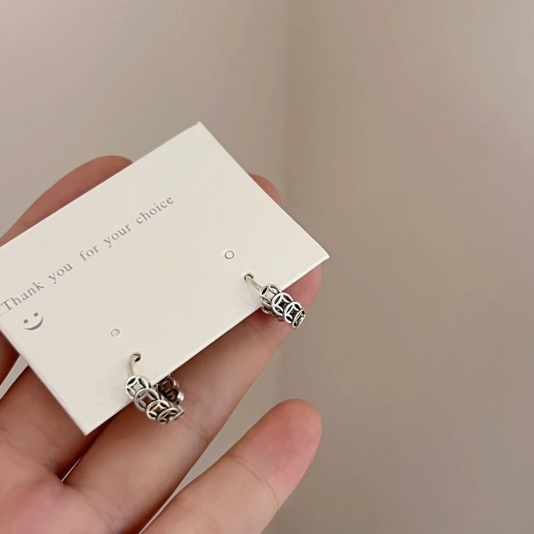 925银耳饰 聚财钱币耳环男女招财幸运个性复古银耳圈冷淡风网红