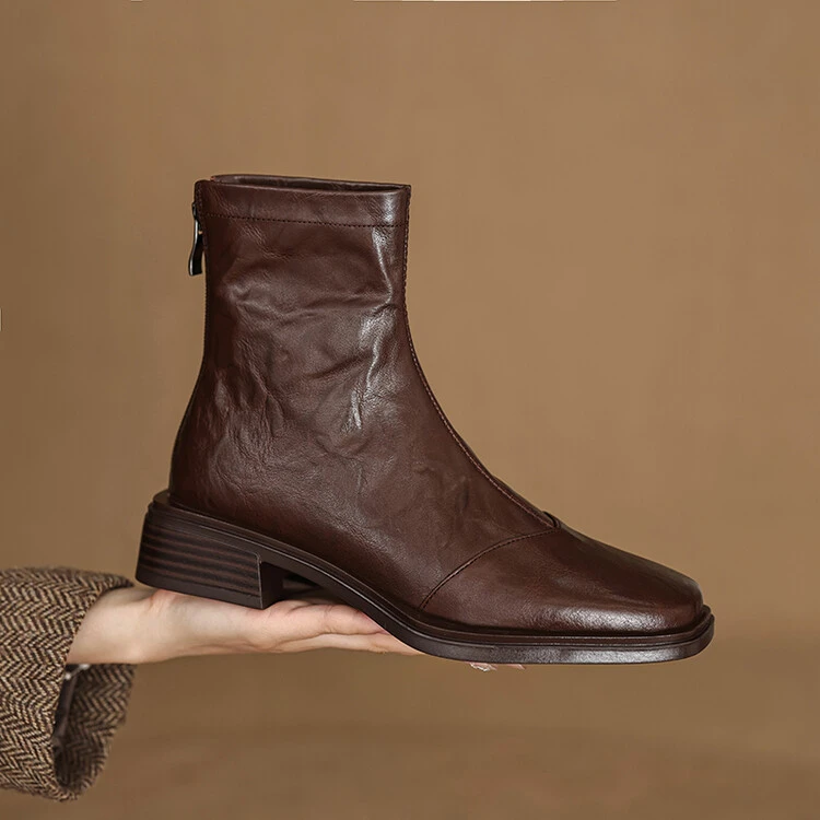 方头短靴女粗跟后拉链头层羊皮软皮马丁靴英伦风真皮女靴春秋单靴