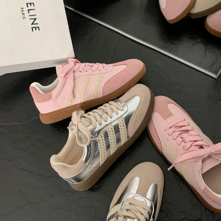 樱花粉色德训女鞋夏季拼色薄款真皮厚底银色新款运动休闲配裙子