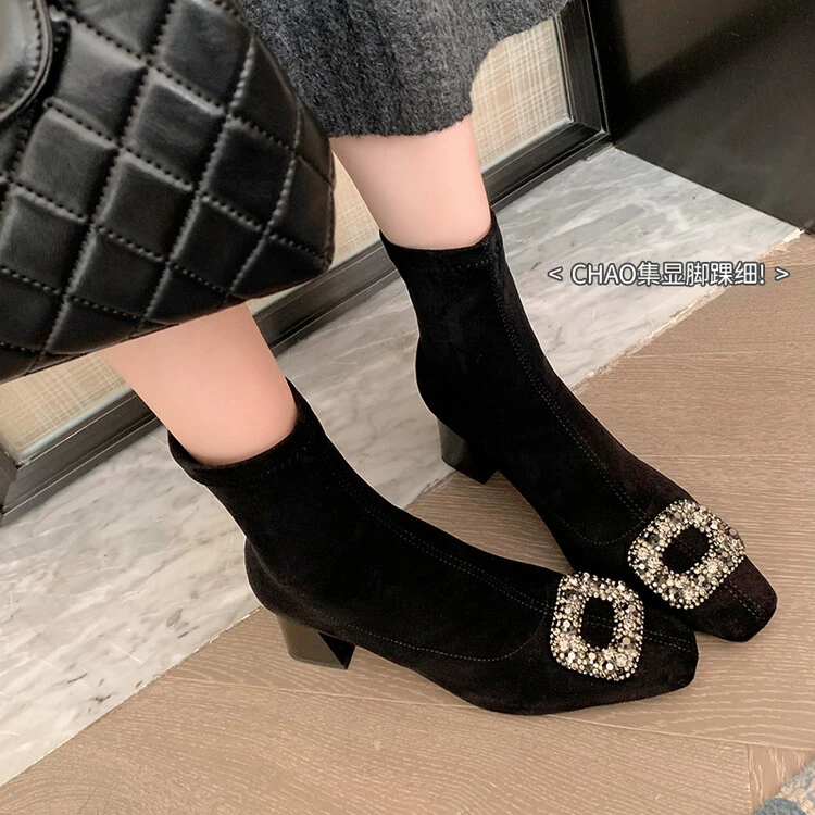 弹力瘦瘦靴女水钻方扣后拉链粗跟大码裸靴40短靴通勤女靴