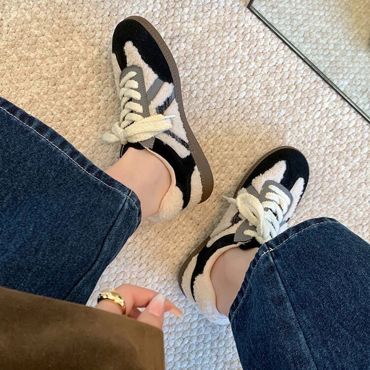 加绒德训鞋女秋冬复古拼色毛毛运动休闲鞋跑步鞋秋冬保暖板鞋
