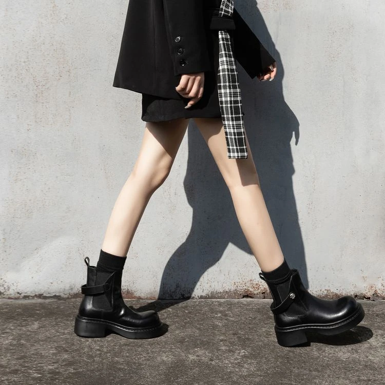 切尔西女靴厚底增高马丁靴牛皮短靴加绒黑色软皮小个子5cm女靴