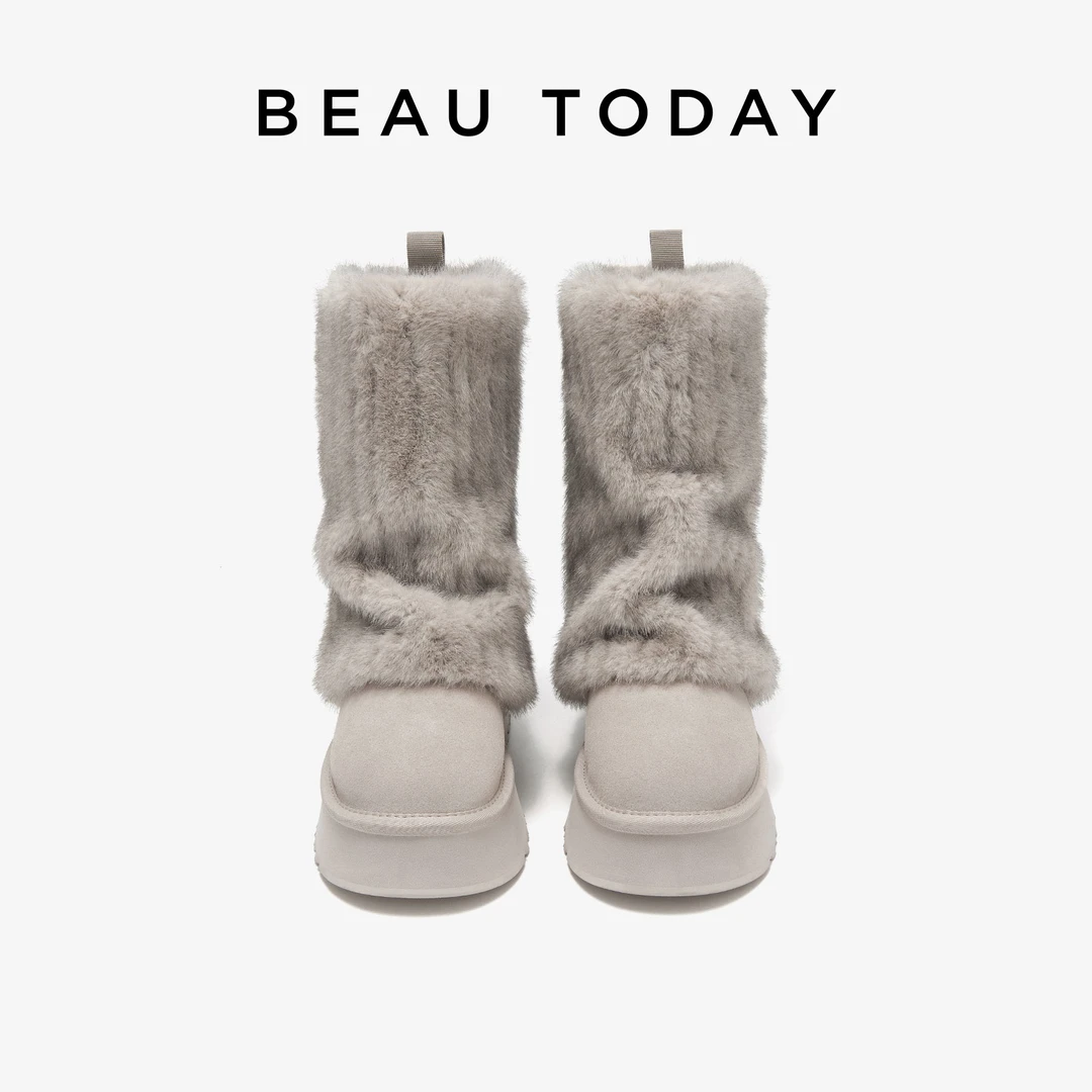BeauToday秋冬雪地靴女秋冬仿貂毛加绒毛毛鞋真皮厚底短靴子百搭