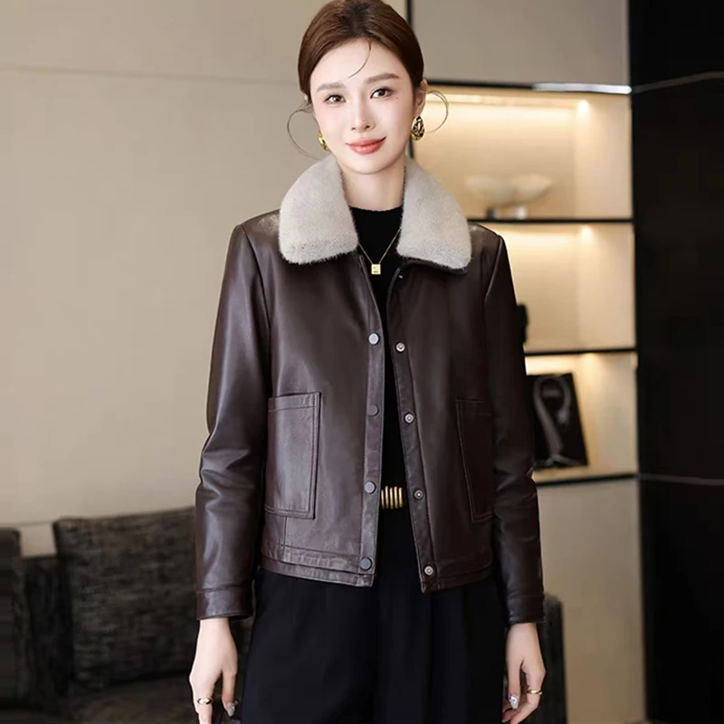 新款鹅绒服真皮绵羊皮羽绒服女水貂毛领可脱卸短款高端时尚外套