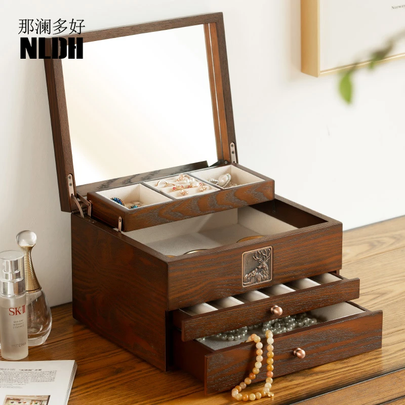 首饰盒/箱 耳钉耳环戒指饰品发饰收纳盒复古轻奢大容量木质多层