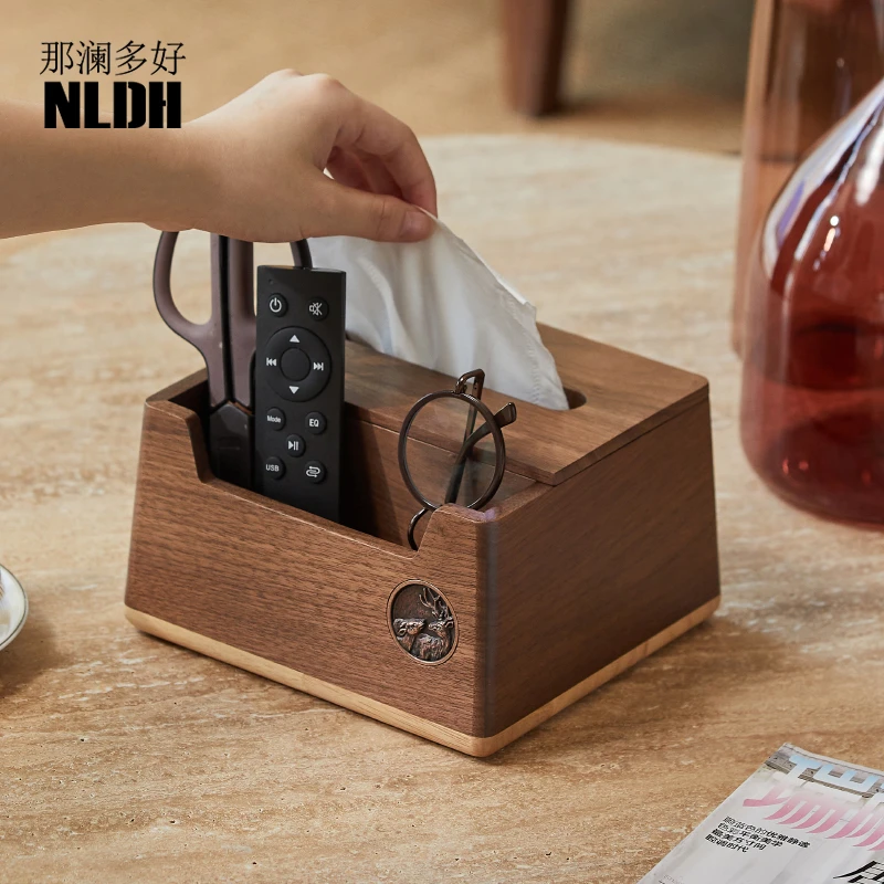 客厅轻奢纸巾盒实木黑胡桃木茶几遥控器餐巾纸盒桌面杂物收纳盒