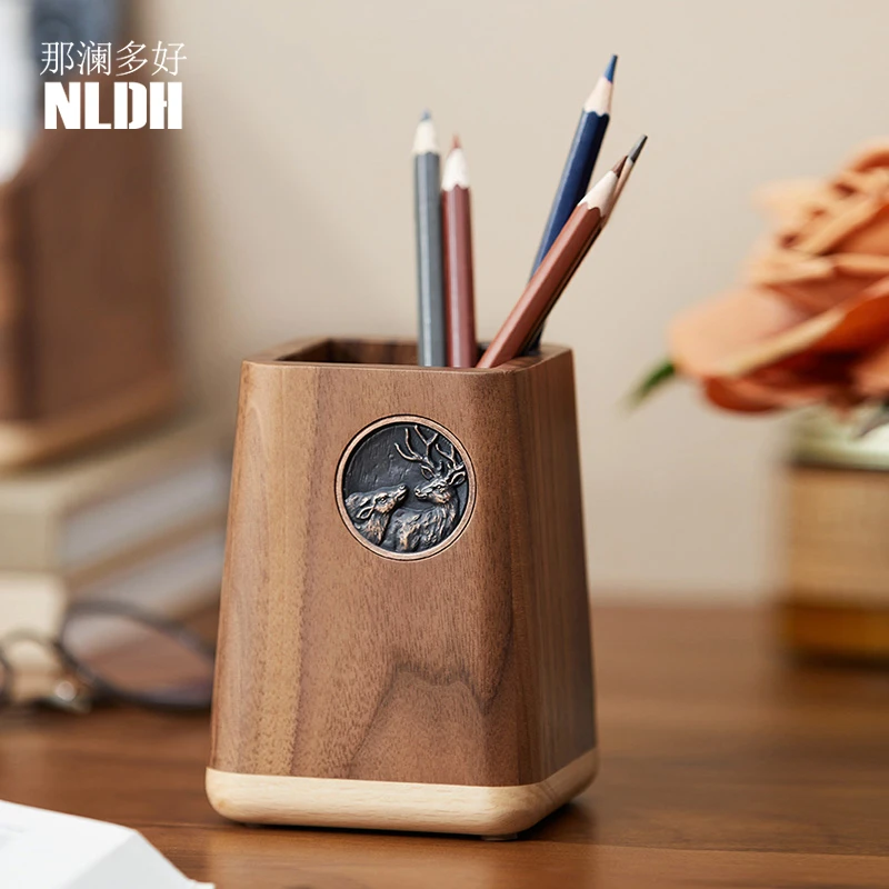 黑胡桃木实木笔筒北欧轻奢办公室桌面文具用品收纳盒木质笔筒笔座