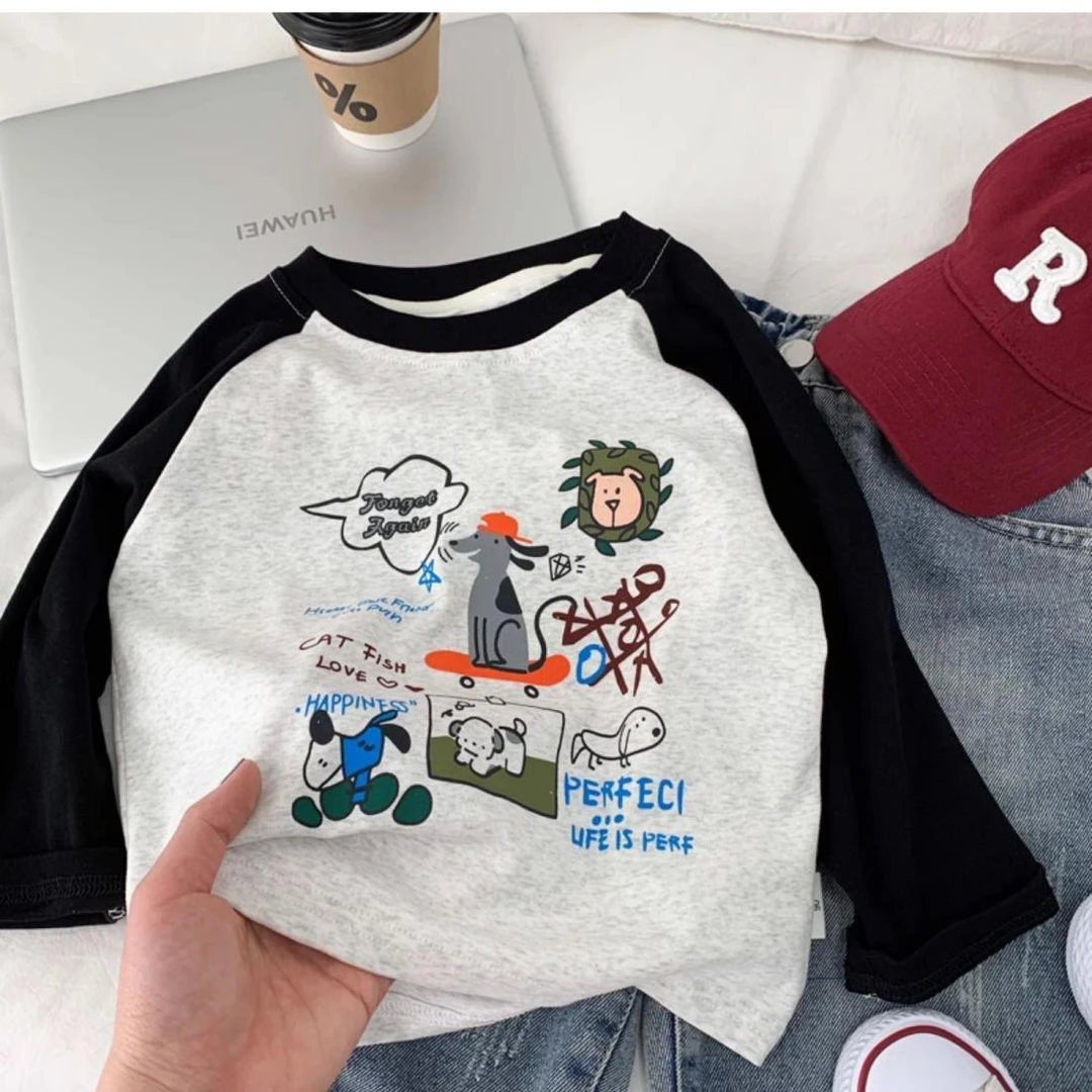 儿童纯棉长袖T恤秋装新款插肩袖涂鸦打底衫男童洋气休闲百搭t上衣