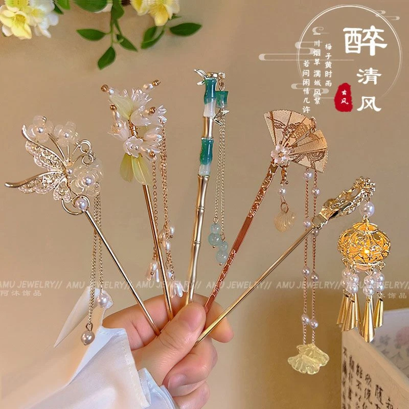 西湖发光灯笼发簪古典宫灯铃铛发饰步摇流苏簪汉服配饰