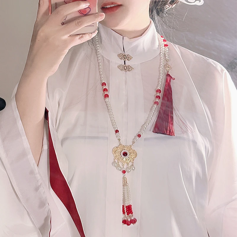 合金项链 新中式项链长流苏璎珞古风汉服软璎马面裙旗袍背云项链