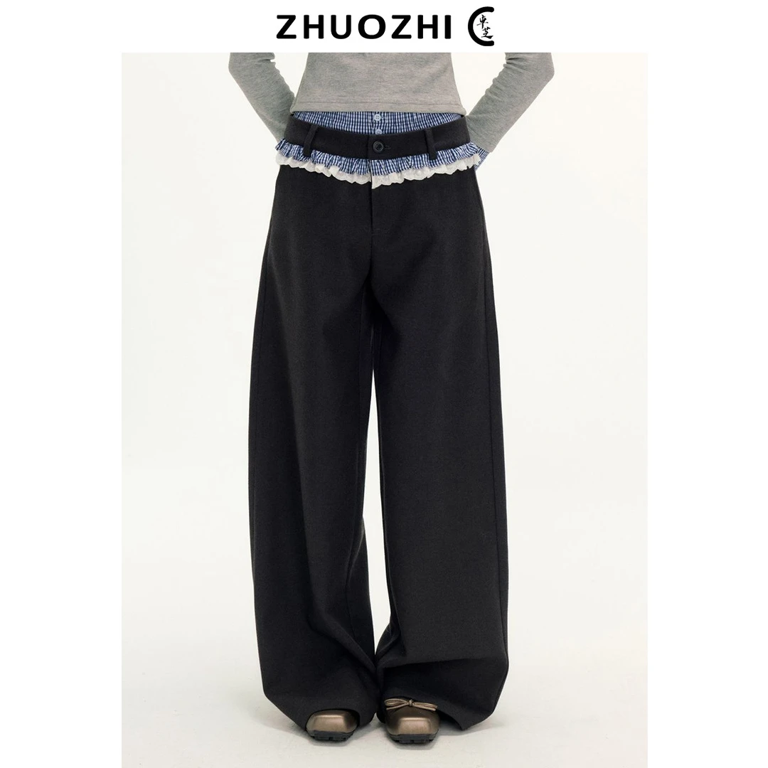 大码设计感双腰头拼接撞色休闲裤女2024冬格纹花边宽松显瘦长裤子