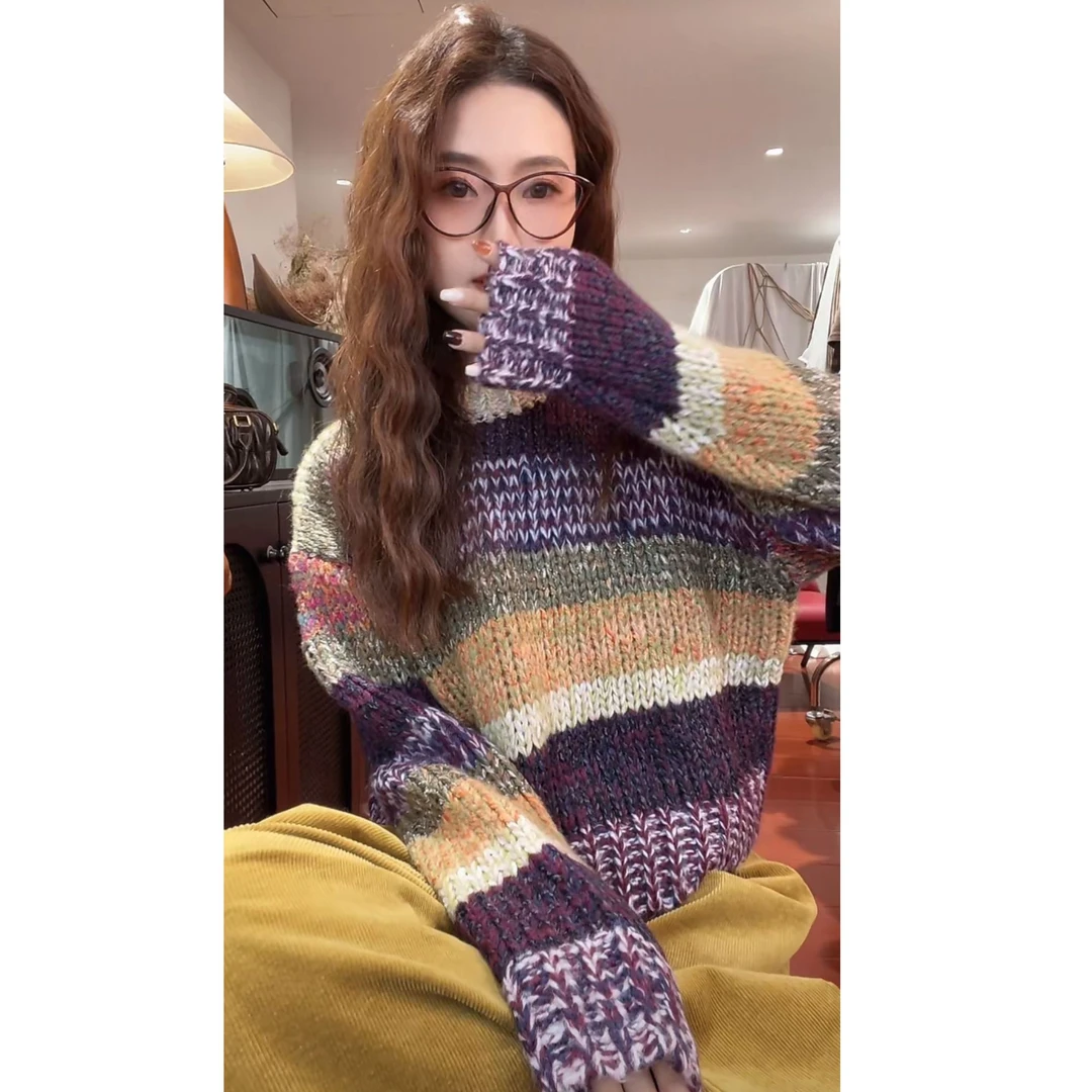 KAPOKLAB【田园风光】2024秋冬慵懒风彩色条纹女套头毛衣针织上衣