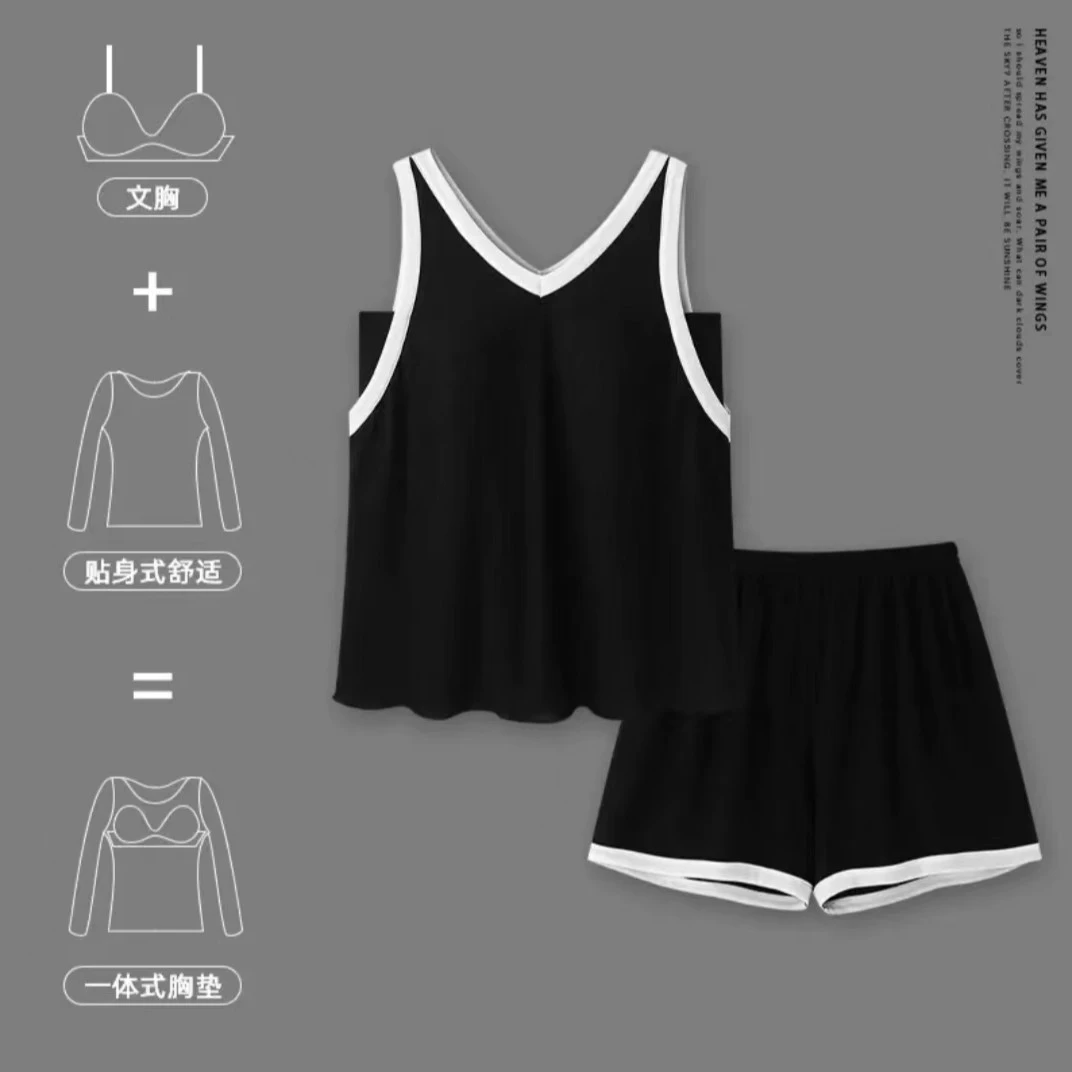2024年夏季女士带胸垫睡衣少女无袖背心短裤甜美显瘦家居服两件套