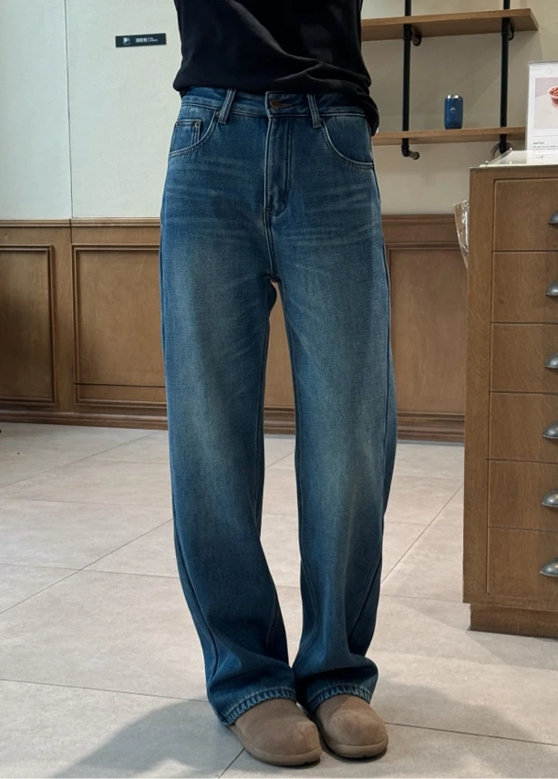 F.A［骑士］加绒加厚直筒牛仔裤秋冬 显高显瘦拖地裤高腰宽松休闲