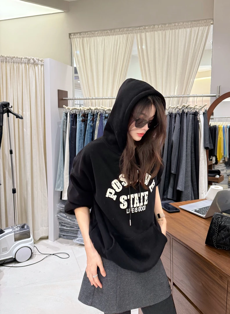 F.A［小黑］时尚洋气字母印花连帽卫衣女秋冬宽松休闲百搭加绒上衣