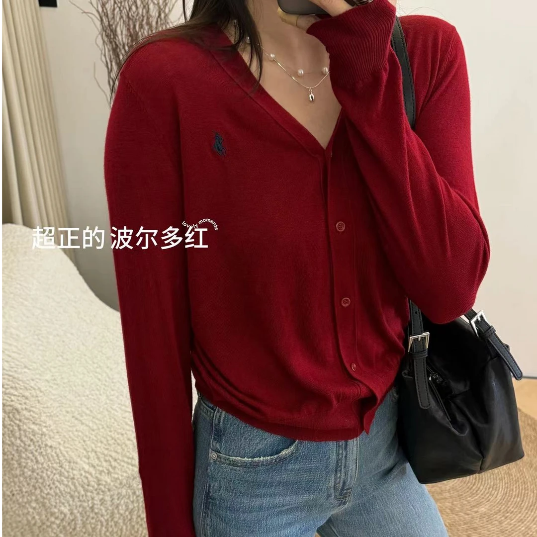 F.A[炙热]韩系V领波尔多红长袖气质针织开衫女长袖针织衫显瘦时尚