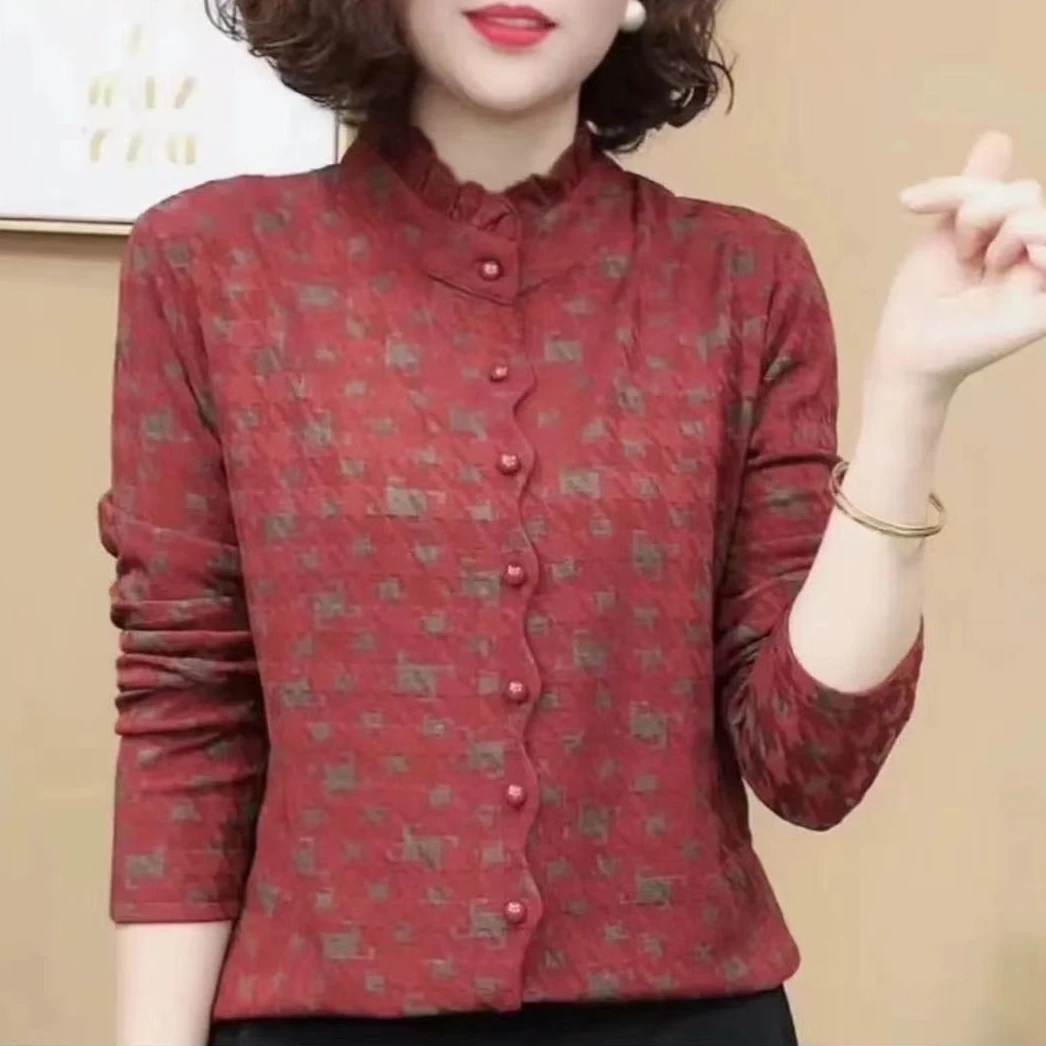 【现货速发】2024秋冬保暖小衫木耳边碎花打底衫时尚妈妈装洋气减龄