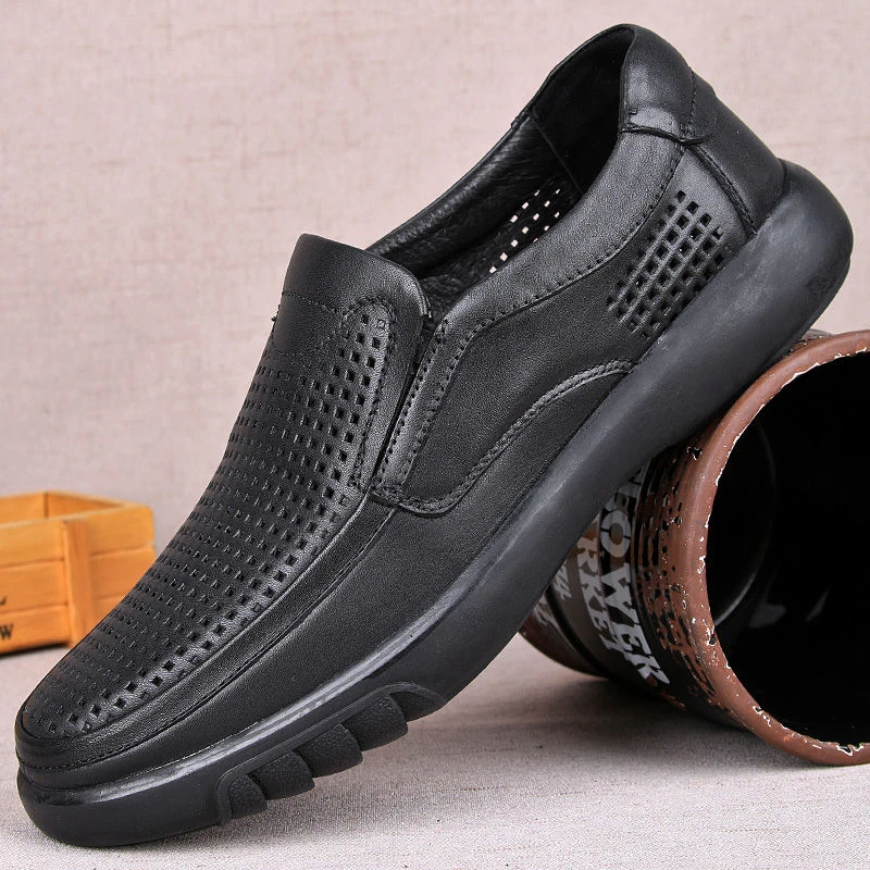 1835渡诺班尼夏季头层牛皮打孔男士透气休闲皮凉鞋中年镂空爸爸鞋