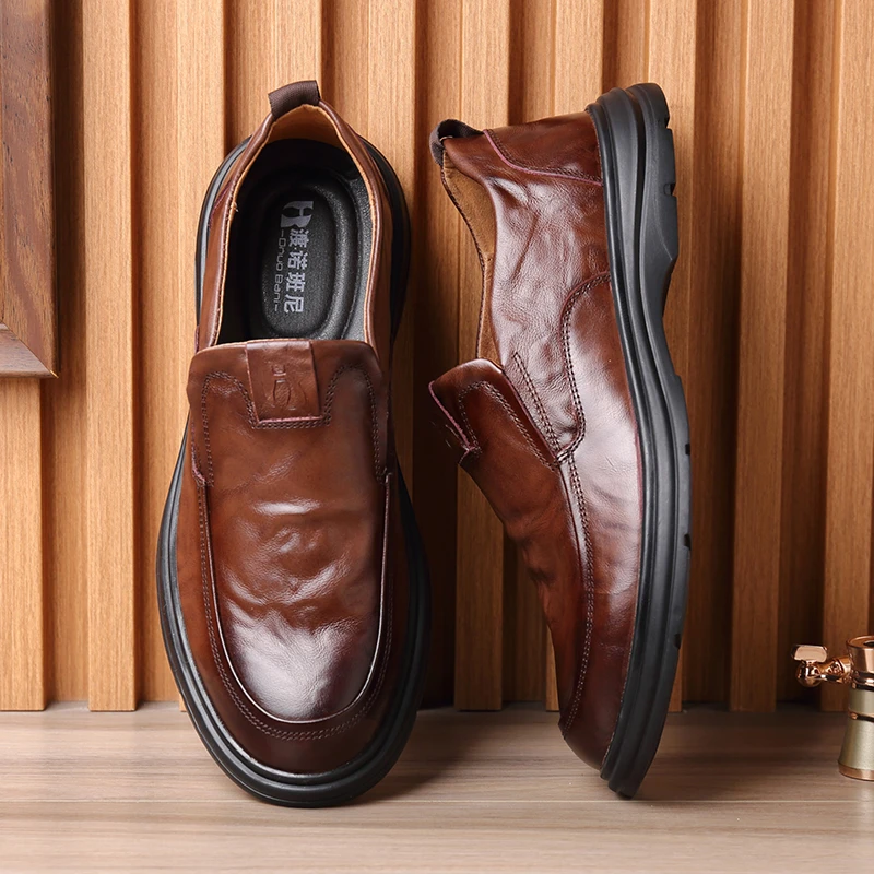 6233渡诺班尼休闲皮鞋头层牛皮低帮英伦风商务鞋舒适中年爸爸鞋