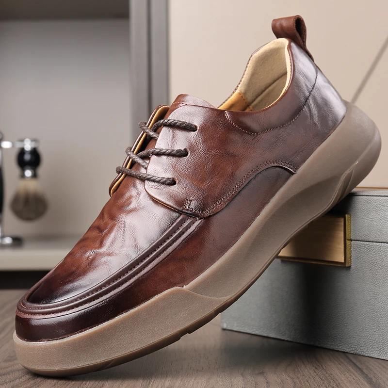 2517渡诺班尼新款头层牛皮休闲皮鞋男手抓纹软底软面商务鞋男鞋