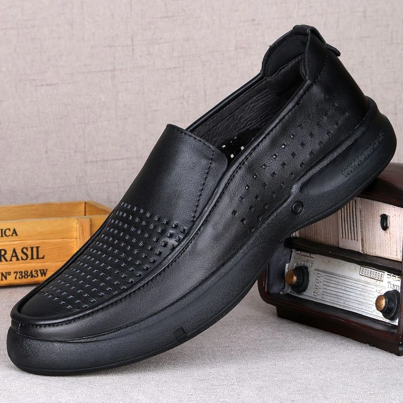 5808-1渡诺班尼头层牛皮大码透气男鞋宽脚皮凉鞋中年镂空爸爸鞋