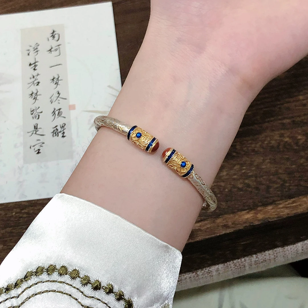 足银珐琅手镯 小北珠宝心经描金吉言如意手镯送女友情人节礼物