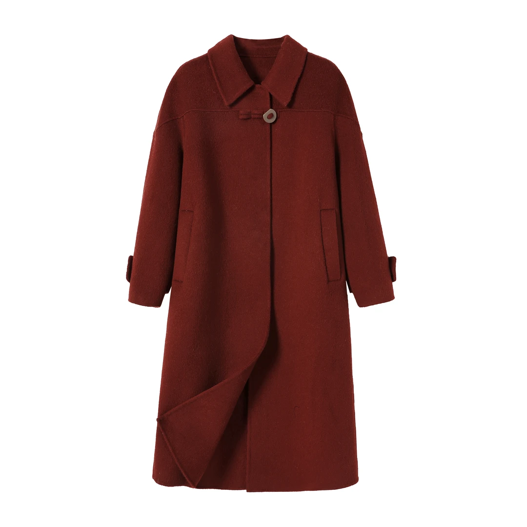 时尚休闲皮扣女士长款双面长羊毛大衣秋冬百搭加厚气质气质宽松