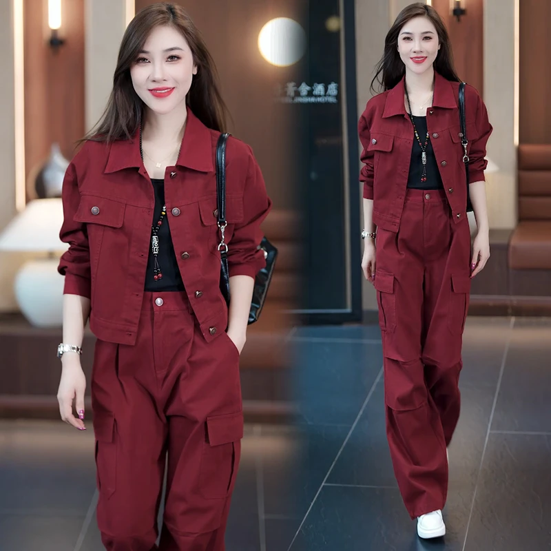 时尚牛仔套装女2024秋季新款时髦显瘦短款外套工装阔腿裤两件套潮