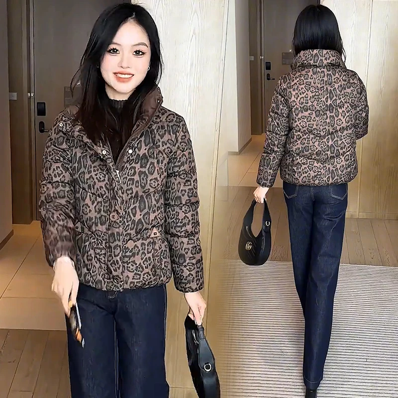 时尚豹纹棉衣女2024冬季新款洋气显瘦小个子棉袄保暖羽绒棉服外套