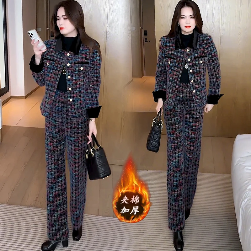 小香风时尚套装女2024冬季新款洋气质夹棉加厚短外套阔腿裤两件套