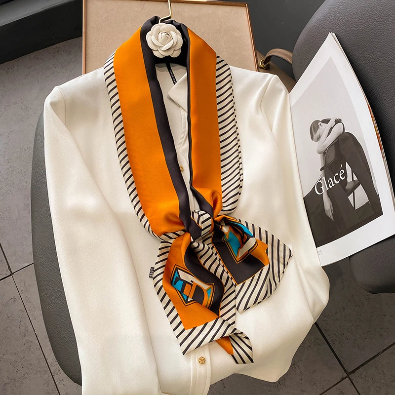 韩版简约气质拼接拼色双层长款仿真丝绸缎小领巾丝巾职业装装饰女