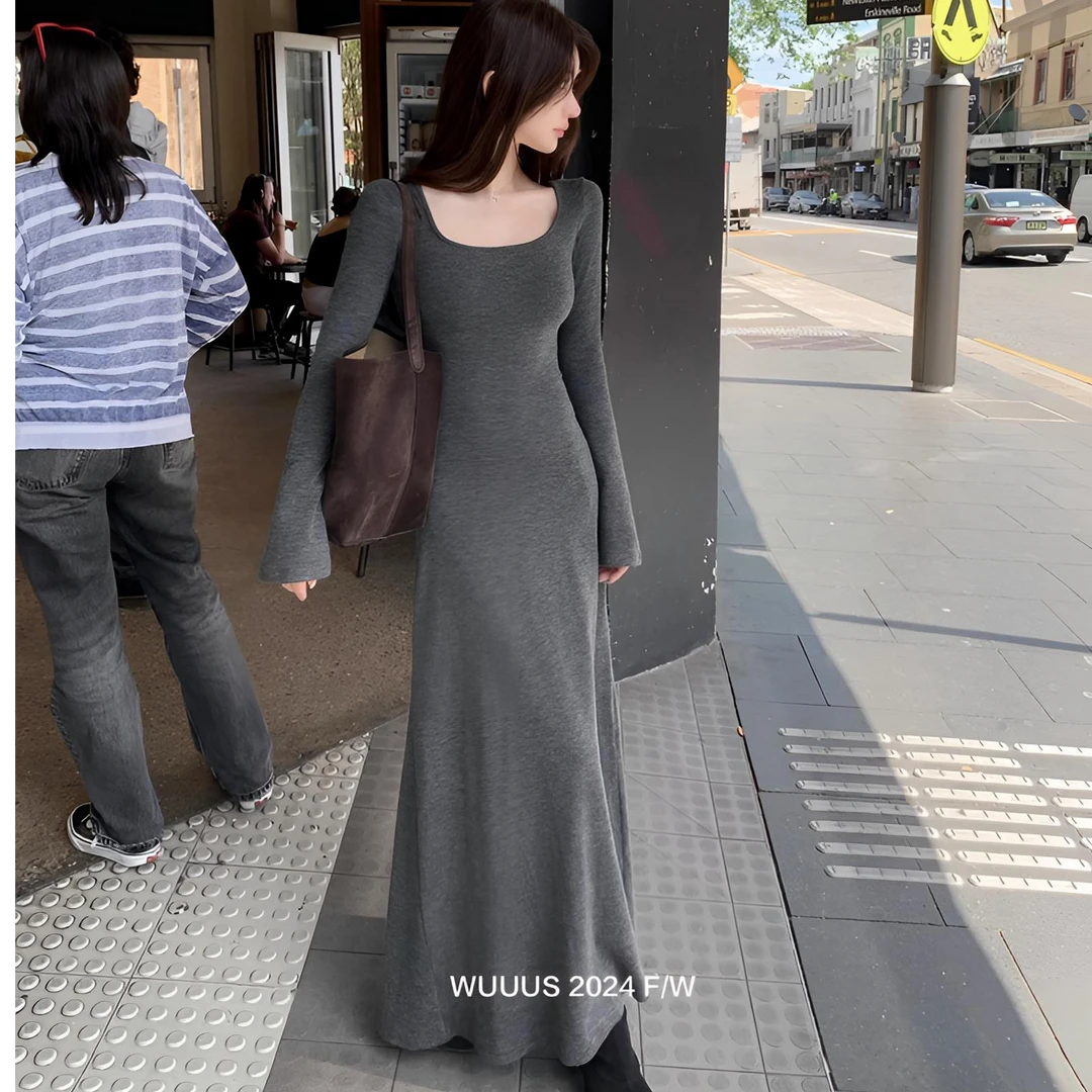 法式方领气质薄绒连衣裙长袖打底高个子秋冬微喇袖口设计修身裙子