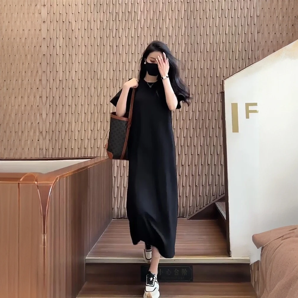 黑色直筒宽松休闲圆领t恤裙女夏季新款短袖度假风百搭慵懒连衣裙