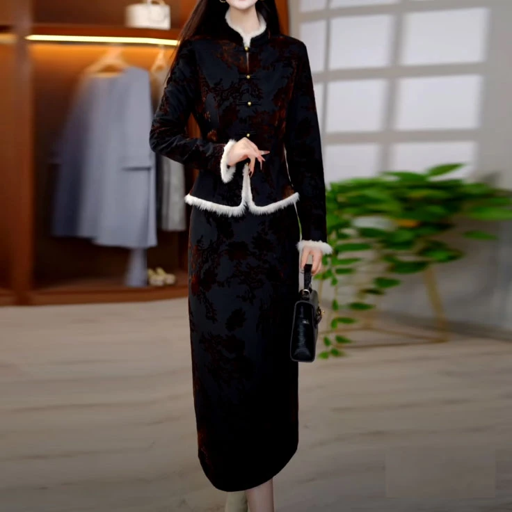 高级金丝缎新中式国风改良旗袍裙子2024冬季新款修身两件套连衣裙