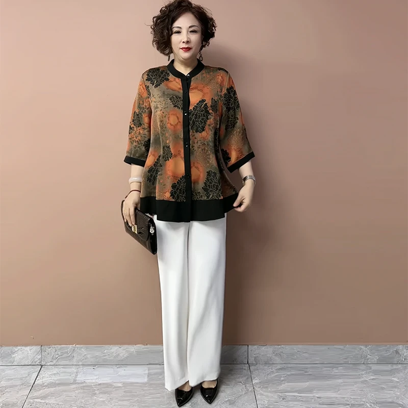 高端阔太太显瘦衬衫中老年妈妈时尚宽松遮肉200斤丝缎防晒外套