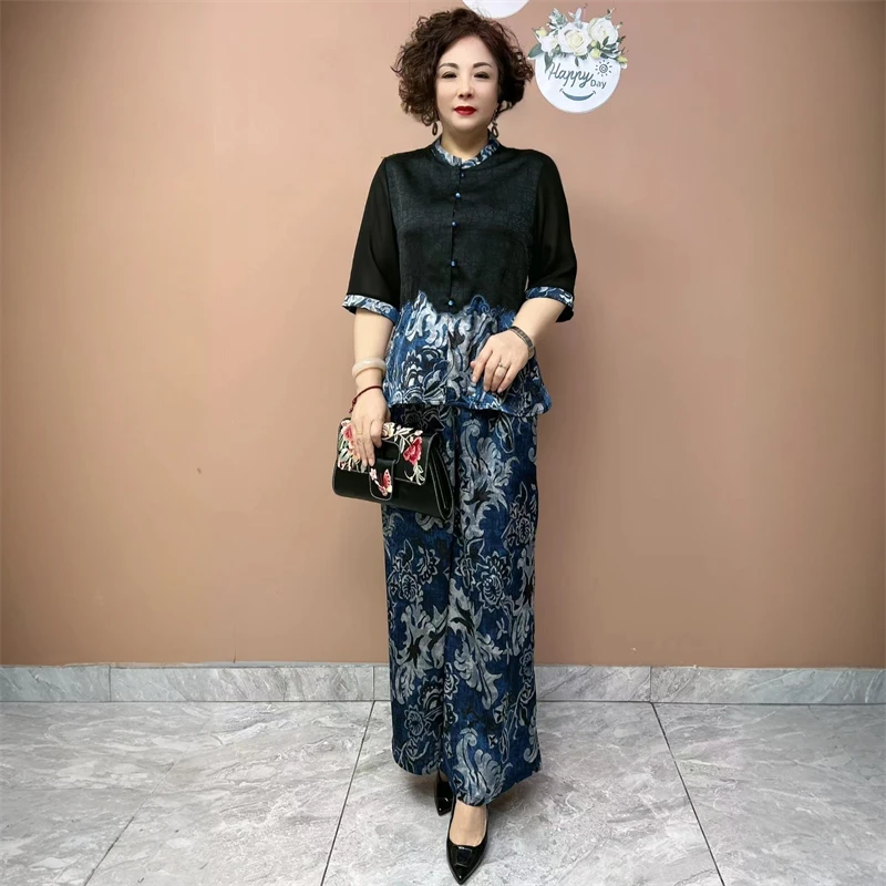 高端阔太太夏季休闲提花衬衫中年妈妈时尚宽松大码阔腿裤两件套装