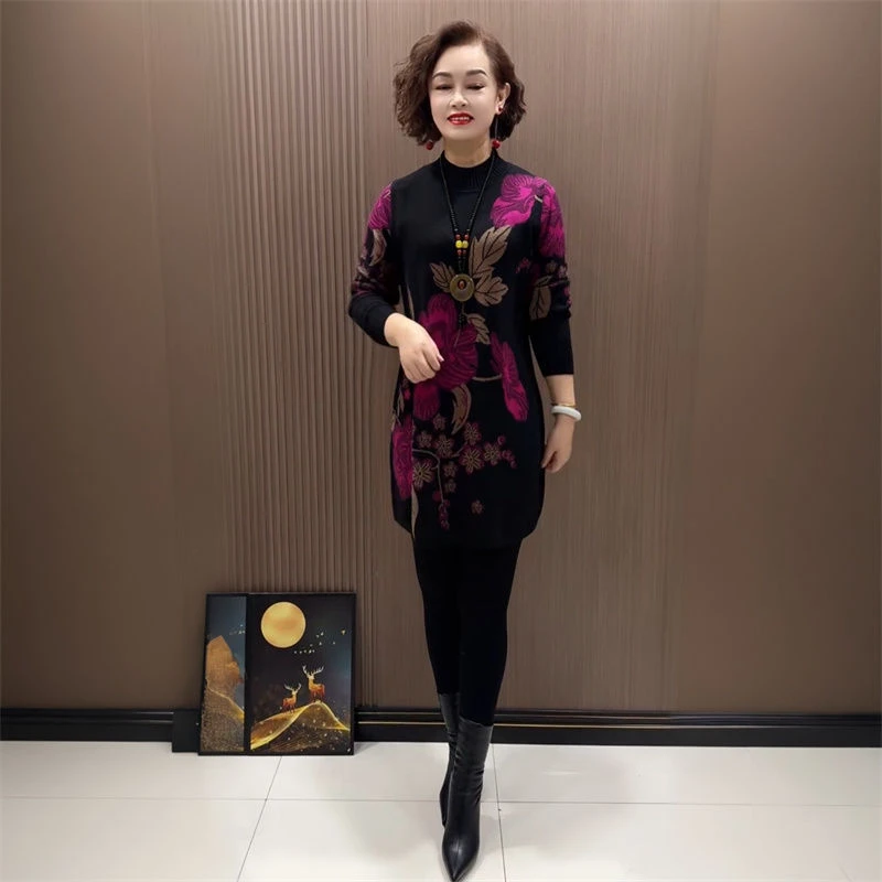 时尚洋气彩花针织大版衫秋冬宽松小个子妈妈装弹力中长打底裙毛衣