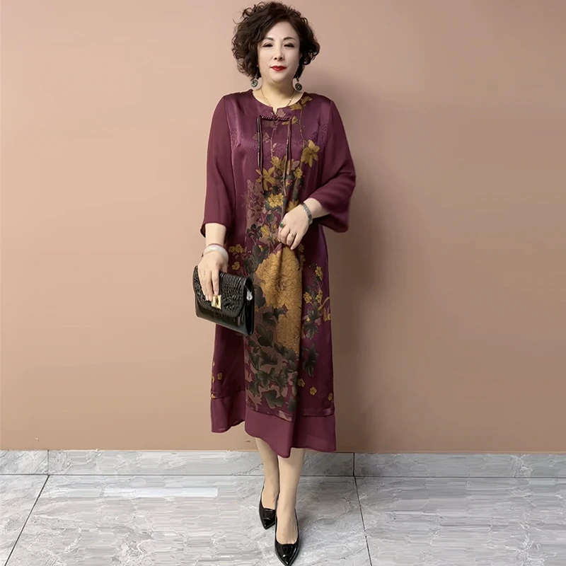 国风新中式夏季妈妈缎七分袖长款宽松遮肉时尚大码中老年裙子