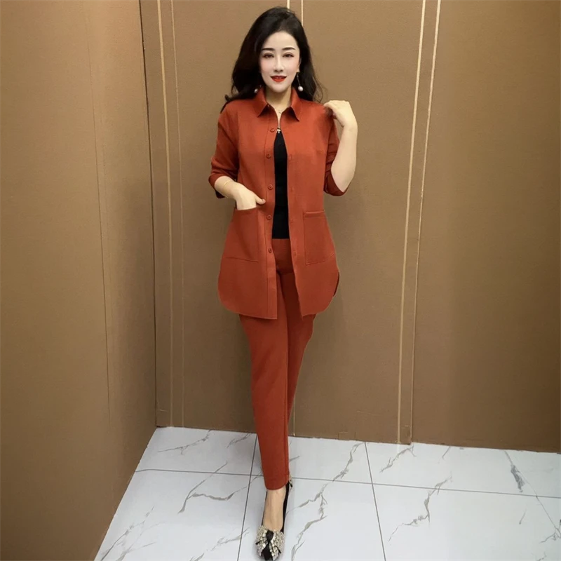 时尚洋气空气棉风衣春秋宽松显瘦中长款纯色衬衣+小脚裤两件套装