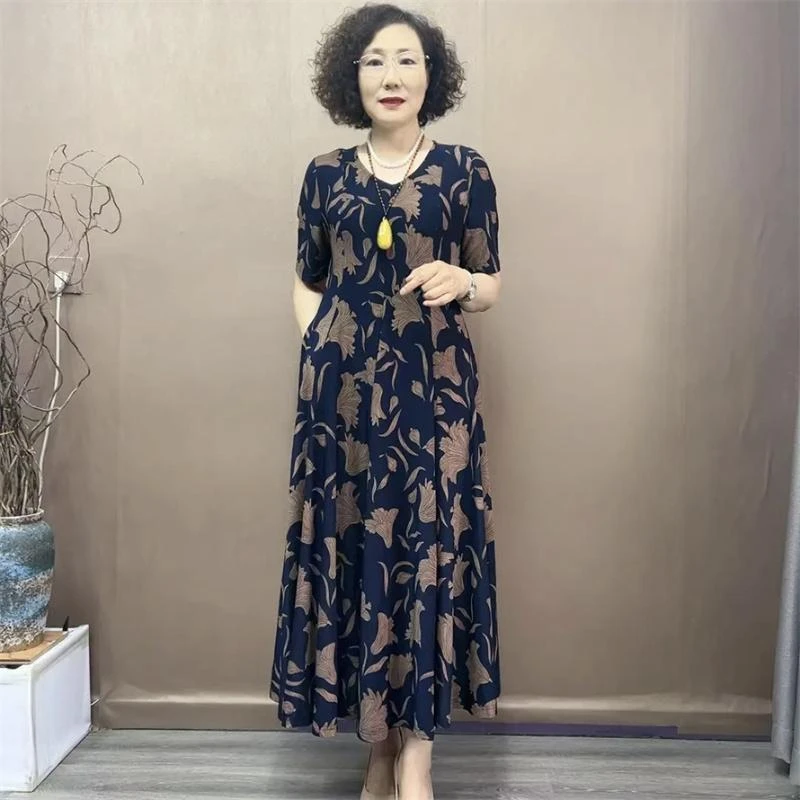 阔太太夏季短袖冰麻丝气质弹力收腰中年妈妈花色长款洋气大摆裙子
