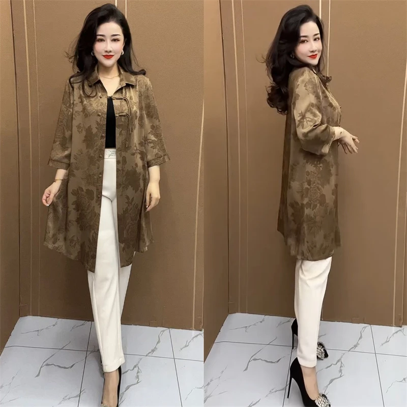 高端夏季七分袖提花大码开衫外套中长款时尚减龄妈妈大码衬衫