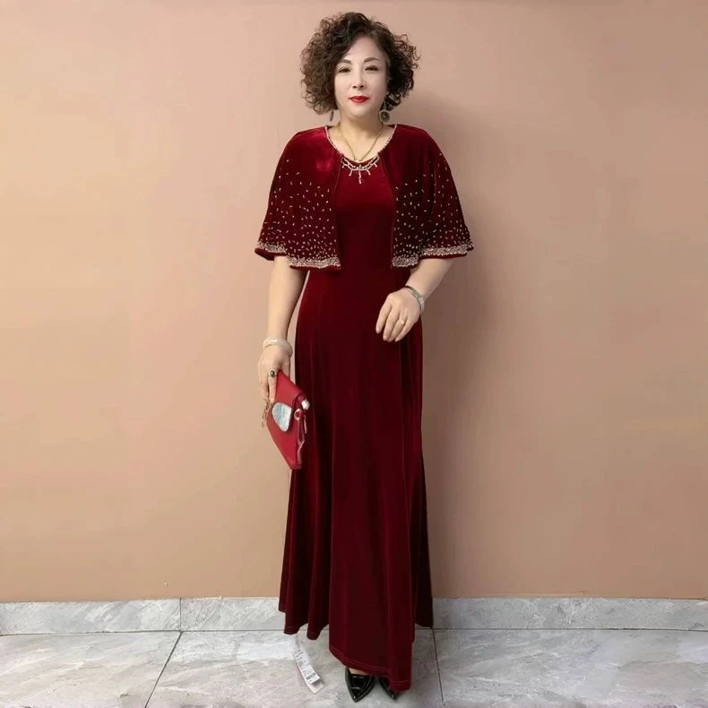 秋冬新款喜婆婆婚宴装中老年妈妈金丝绒假两件连衣裙宴会礼服长裙