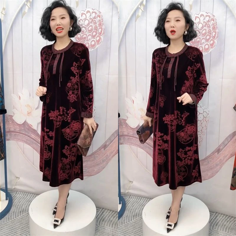 高端国风气质植绒烧花连衣裙中年妈妈减龄时尚长袖金丝绒大码长裙