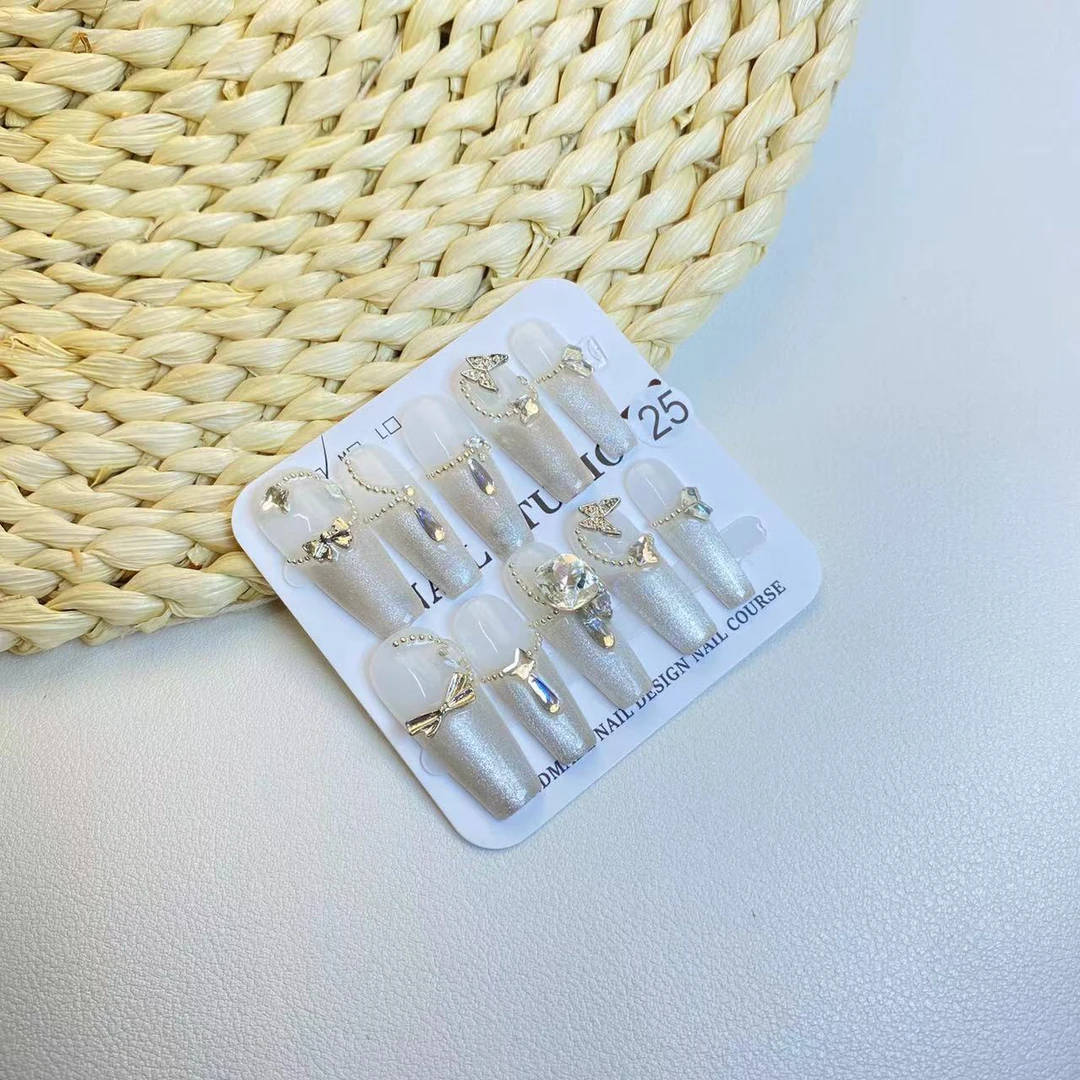 [C位-穿戴甲]25 夏天纯手工穿戴甲绝美超闪法式猫眼钢珠美甲贴片