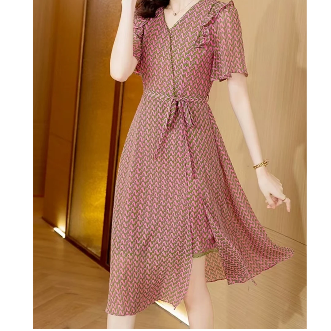 【YY535】高端连衣裙女夏季新款收腰显瘦绑带开叉印花气质中长裙