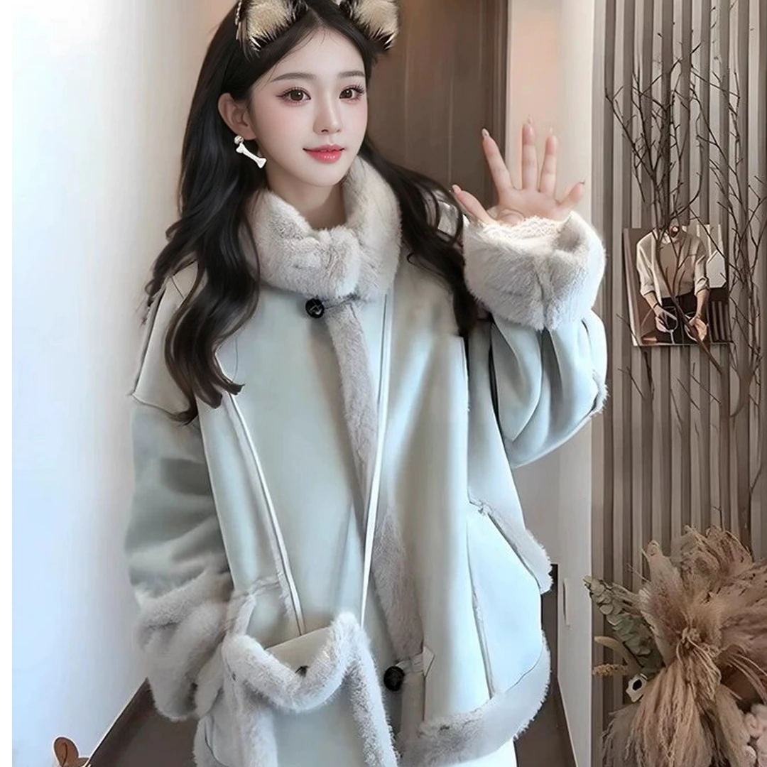 加厚毛毛外套女短款2024新款冬季韩版宽松立领机车风休闲A886