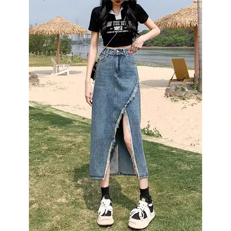 开叉牛仔裙女高腰A字夏季薄复古宽松显瘦百搭设计感毛边半身裙子