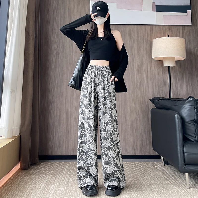 复古提花阔腿裤女秋季2024新款松弛感裤子高腰垂感宽松显瘦直筒裤