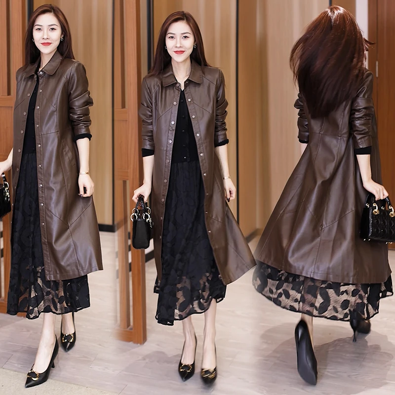 中长款皮衣外套女装春秋2023今年新款女士时尚修身过膝风衣上衣服