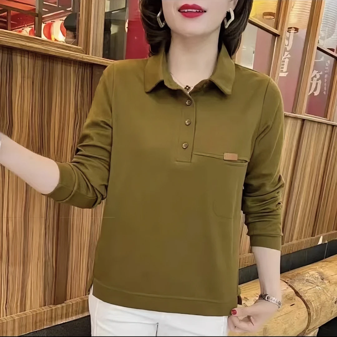 中年女装长袖T恤妈妈装春秋简约宽松POLO领休闲卫衣